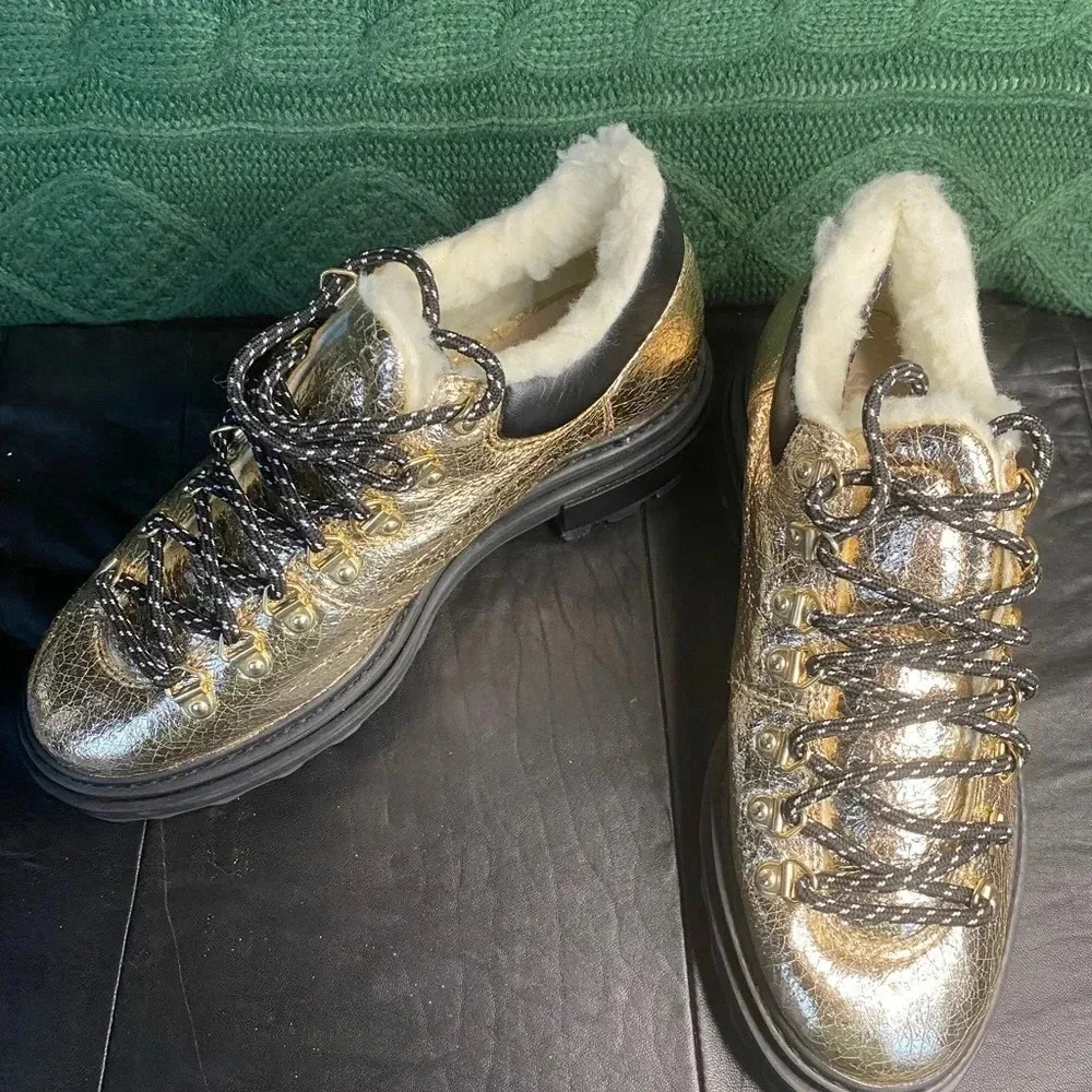 Schutz Lucille Metallic‎ Platform Faux Shearling Lined boot NWOT US 7.5B gold - Picture 2 of 10